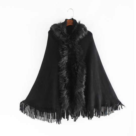 Damen Eleganter Wollmix-Umhangponcho mit abnehmbarem Kunstfellbesatz und Fransensaum Shop Nory