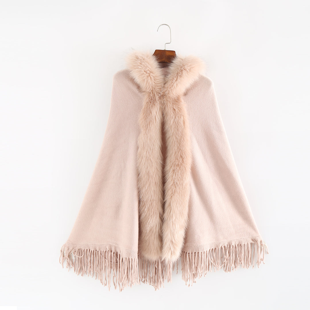 Damen Eleganter Wollmix-Umhangponcho mit abnehmbarem Kunstfellbesatz und Fransensaum Shop Nory