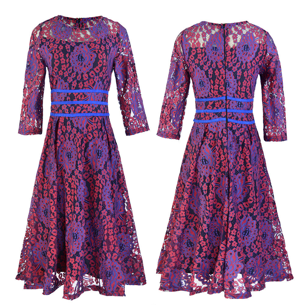 Damen Spitzen-A-Linienkleid knielang mit transparentem Oberteil und dreiviertelärmeln Shop Nory