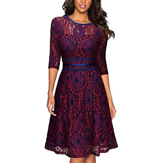 Damen Spitzen-A-Linienkleid knielang mit transparentem Oberteil und dreiviertelärmeln Shop Nory