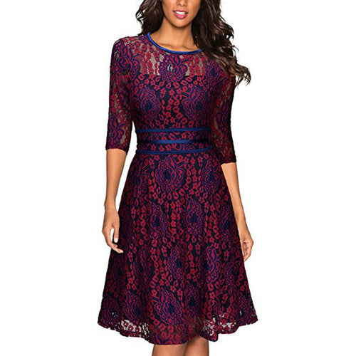 Damen Spitzen-A-Linienkleid knielang mit transparentem Oberteil und dreiviertelärmeln Shop Nory