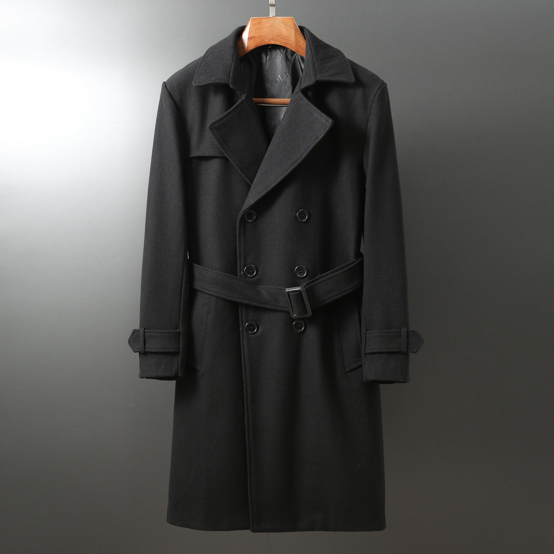 Herren Maxilanger Woll-Mantel im Trench-Look mit doppelreihiger Knopfleiste und Bindegürtel Shop Nory
