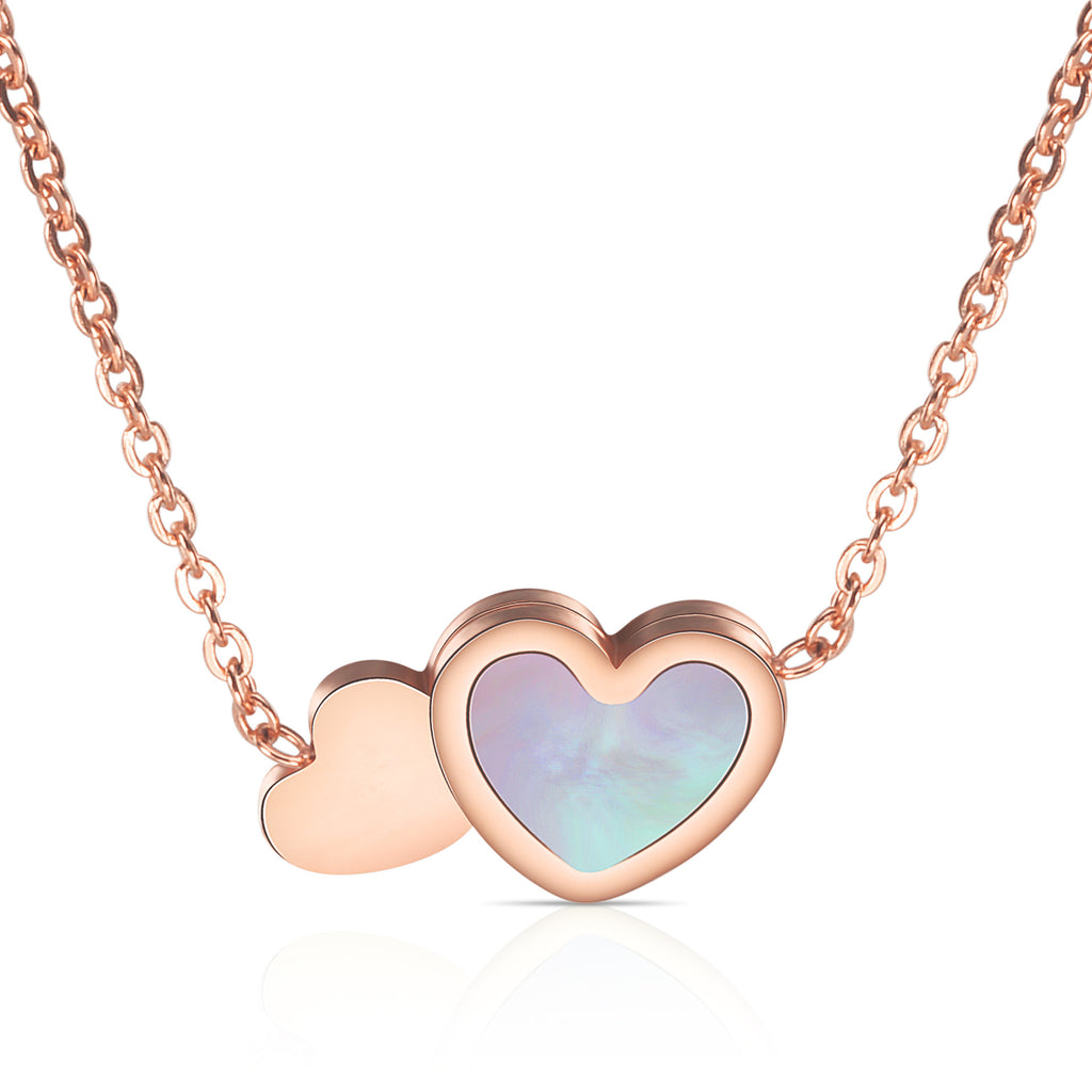 Damen Halskette mit doppeltem Herzanhänger aus hochwertigem Edelstahl und opalisiertem Stein Shop Nory