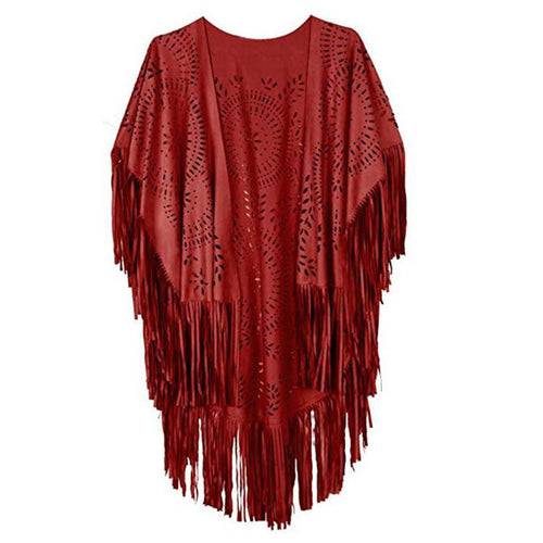 Damen Fransen-Poncho aus Wildlederimitat mit lasergeschnittenem Mandala-Design Shop Nory