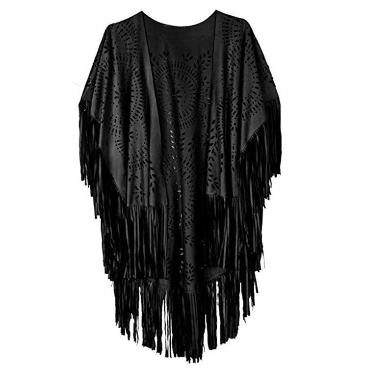 Damen Fransen-Poncho aus Wildlederimitat mit lasergeschnittenem Mandala-Design Shop Nory