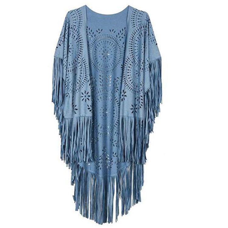 Damen Fransen-Poncho aus Wildlederimitat mit lasergeschnittenem Mandala-Design Shop Nory