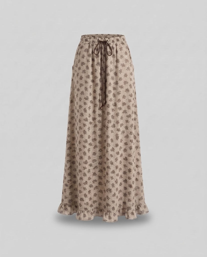 Damen Gemusteter Maxi-Strickrock mit Kordelzug und Rüschensaum Shop Nory