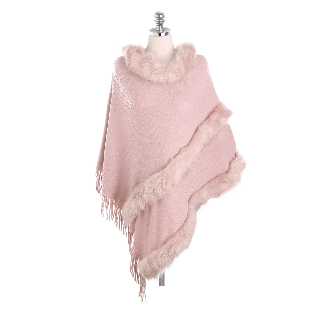 Damen Kuscheliger Wollmix‑Poncho mit Kunstfellbesatz und Fransen Shop Nory