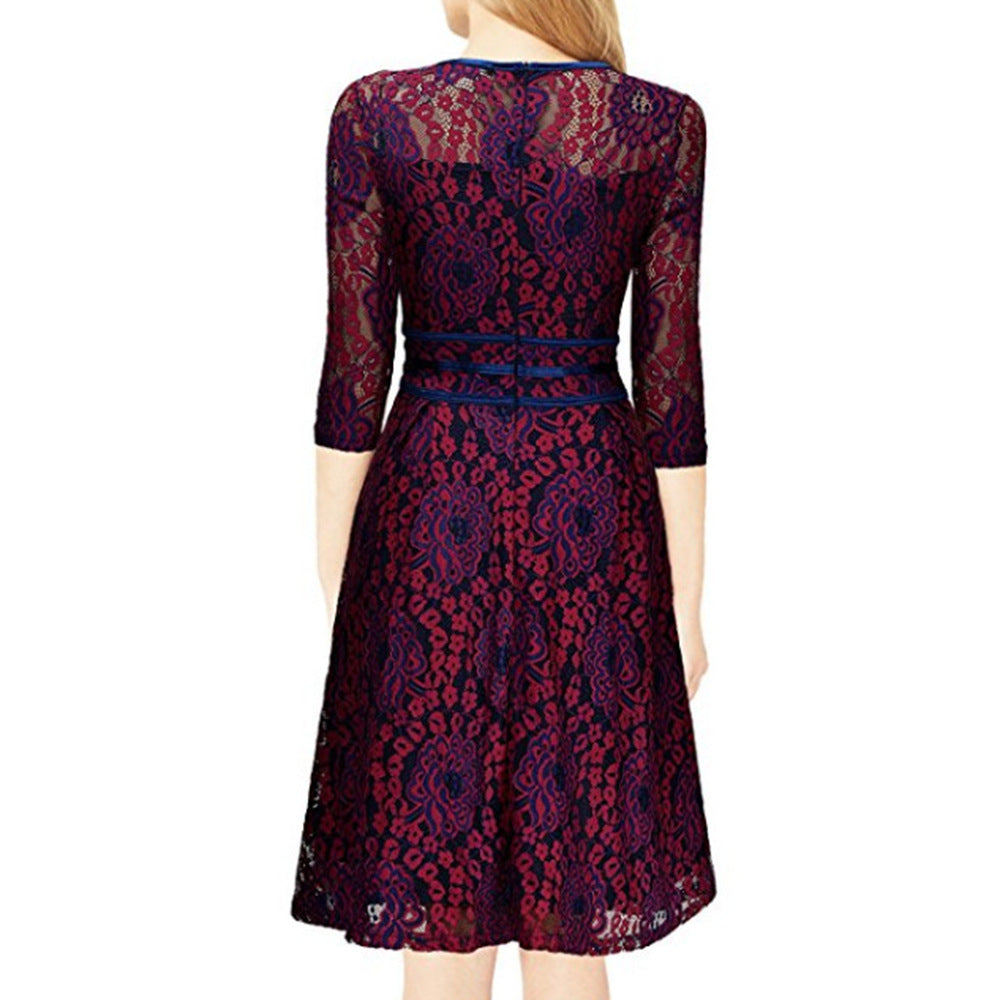 Damen Spitzen-A-Linienkleid knielang mit transparentem Oberteil und dreiviertelärmeln Shop Nory