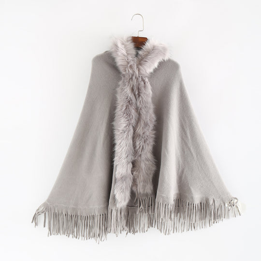 Damen Eleganter Wollmix-Umhangponcho mit abnehmbarem Kunstfellbesatz und Fransensaum Shop Nory