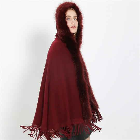 Damen Eleganter Wollmix-Umhangponcho mit abnehmbarem Kunstfellbesatz und Fransensaum Shop Nory