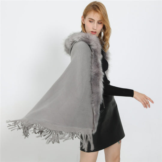 Damen Eleganter Wollmix-Umhangponcho mit abnehmbarem Kunstfellbesatz und Fransensaum Shop Nory