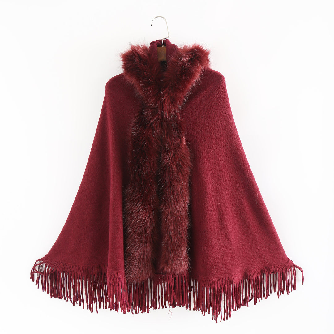 Damen Eleganter Wollmix-Umhangponcho mit abnehmbarem Kunstfellbesatz und Fransensaum Shop Nory