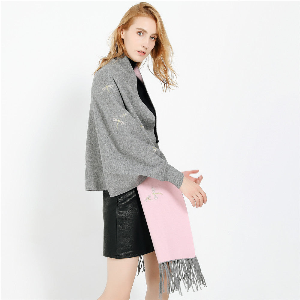 Damen Bestickter Wollmix-Überwurf mit Libellenstickerei und Fransensaum Shop Nory