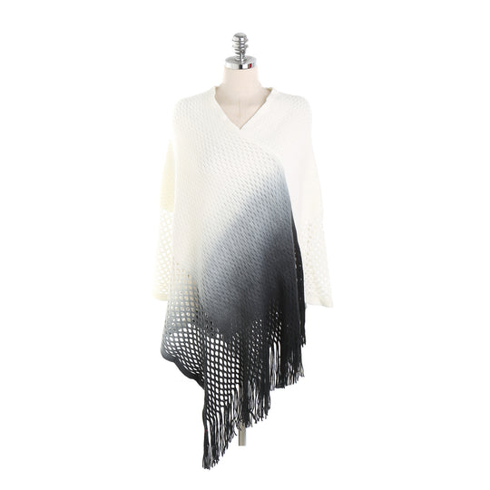 Damen Oversize-Strickruana mit Farbverlauf, Lochspitzen und Fransen Shop Nory