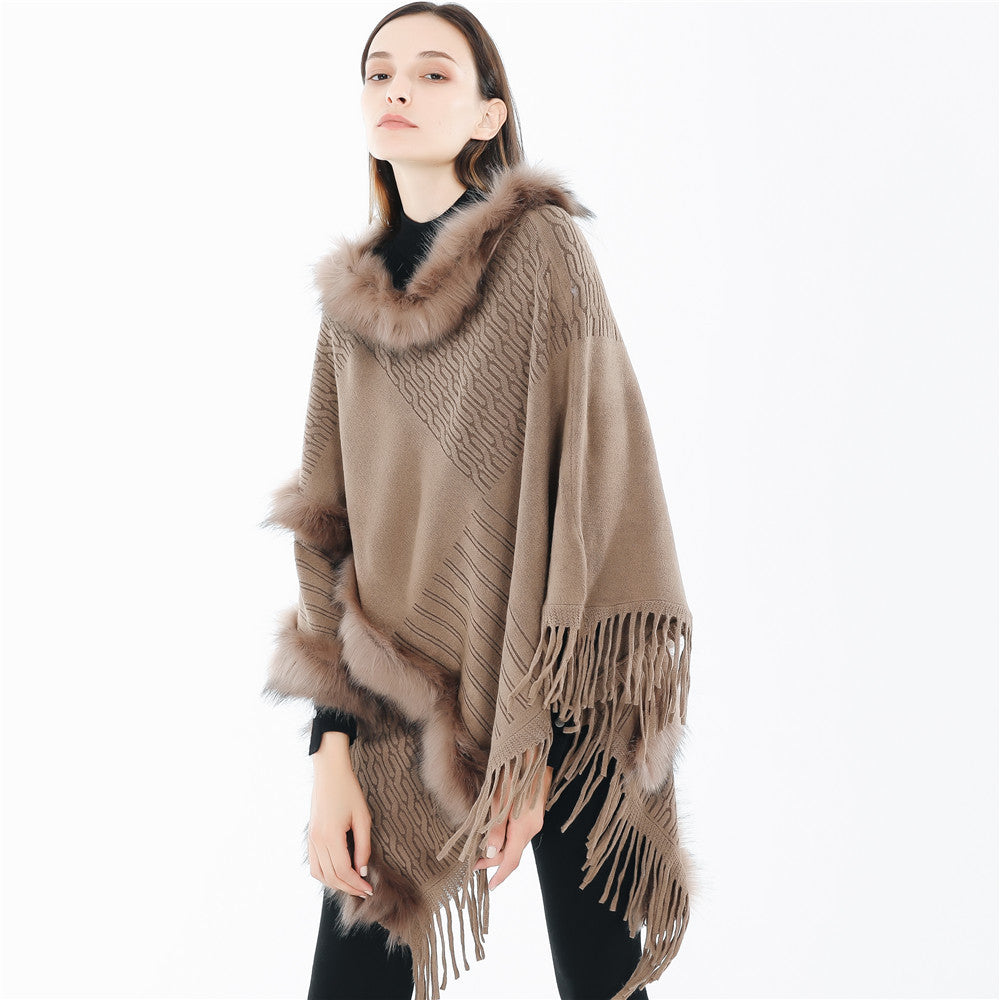 Damen Kuscheliger Wollmix‑Poncho mit Kunstfellbesatz und Fransen Shop Nory