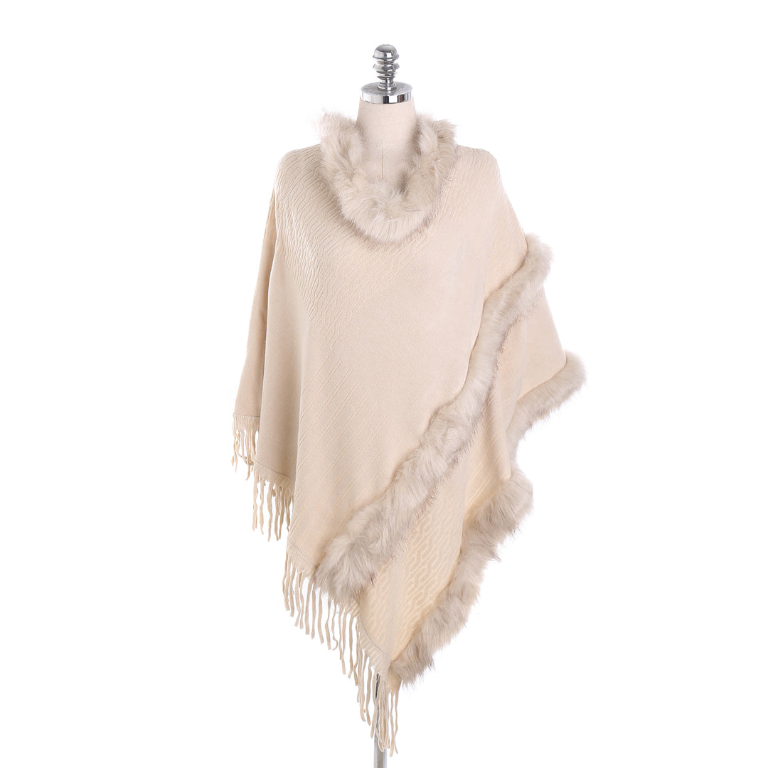 Damen Kuscheliger Wollmix‑Poncho mit Kunstfellbesatz und Fransen Shop Nory