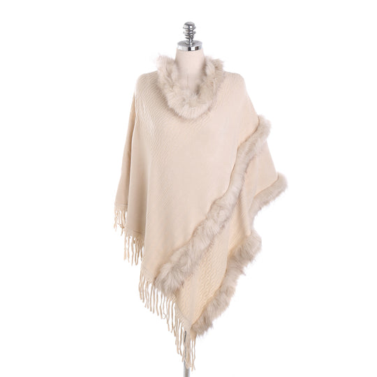 Damen Kuscheliger Wollmix‑Poncho mit Kunstfellbesatz und Fransen Shop Nory