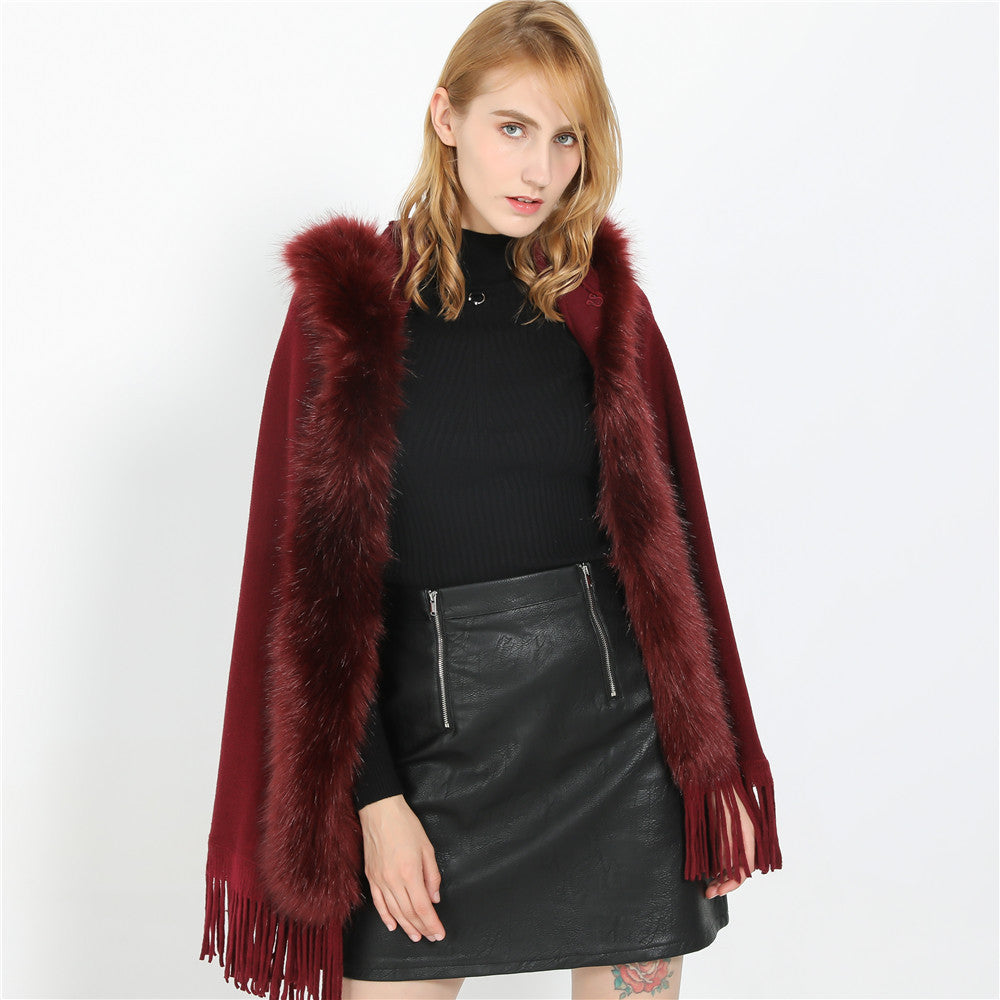 Damen Eleganter Wollmix-Umhangponcho mit abnehmbarem Kunstfellbesatz und Fransensaum Shop Nory