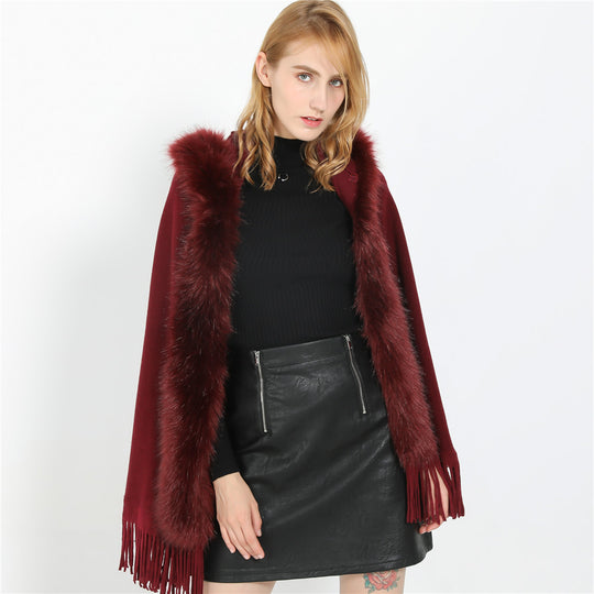 Damen Eleganter Wollmix-Umhangponcho mit abnehmbarem Kunstfellbesatz und Fransensaum Shop Nory