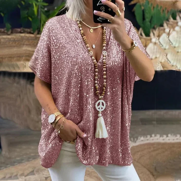 V-Ausschnitt Pailletten Bluse