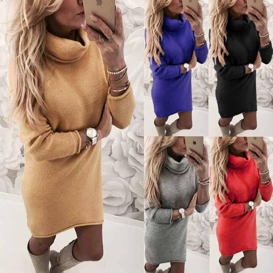 Damen Gemütliches Rollkragen Mini Kleid aus Feinstrick mit Geradem Schnitt Shop Nory