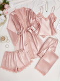 Satin 4-teiliger Pyjama-Set mit Spitzenbesatz für Frauen - Ideal für alle Jahreszeiten