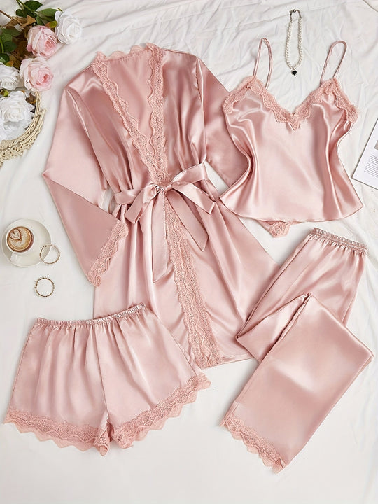 Satin 4-teiliger Pyjama-Set mit Spitzenbesatz für Frauen - Ideal für alle Jahreszeiten