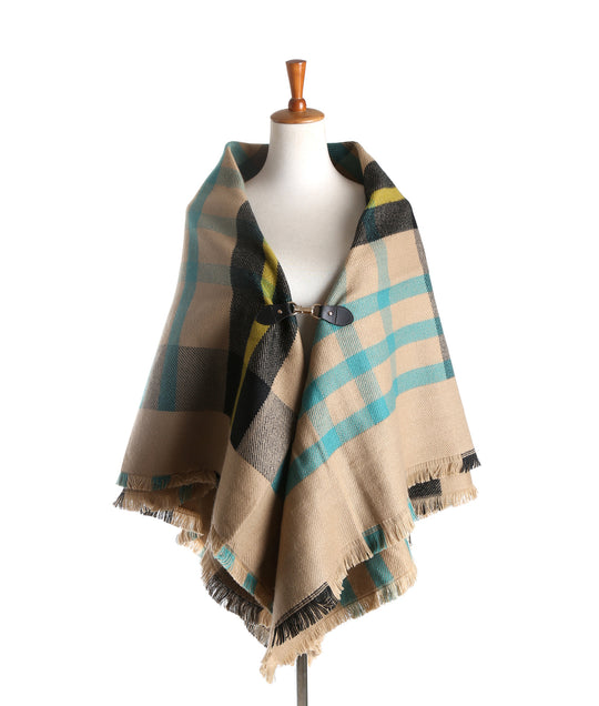 Damen Karierter Capeponcho aus Wollmix mit Steckverschluss und Fransensaum Shop Nory