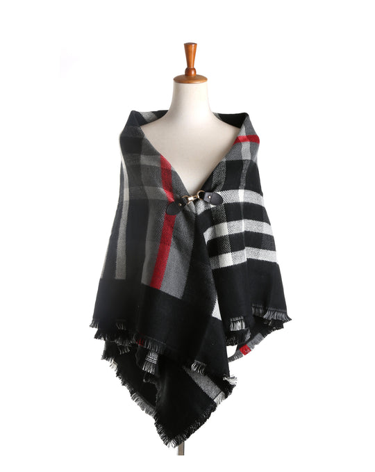 Damen Karierter Capeponcho aus Wollmix mit Steckverschluss und Fransensaum Shop Nory