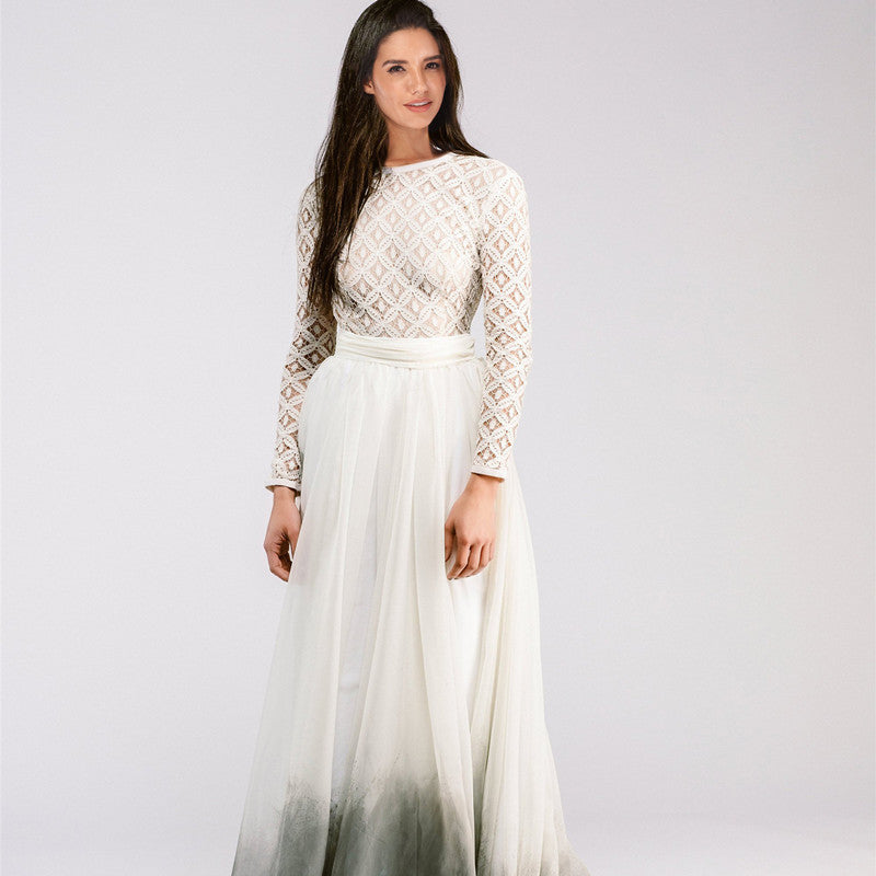 Damen Langärmeliges Spitzenabendkleid mit Tüll-Ombré-Rock Shop Nory