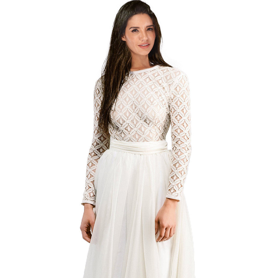 Damen Langärmeliges Spitzenabendkleid mit Tüll-Ombré-Rock Shop Nory