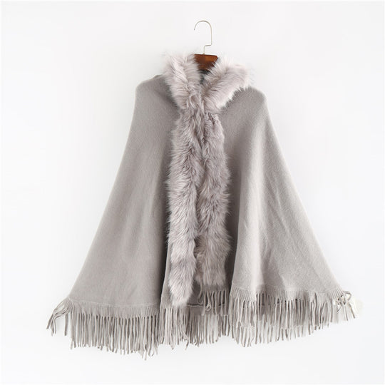 Damen Eleganter Wollmix-Umhangponcho mit abnehmbarem Kunstfellbesatz und Fransensaum Shop Nory