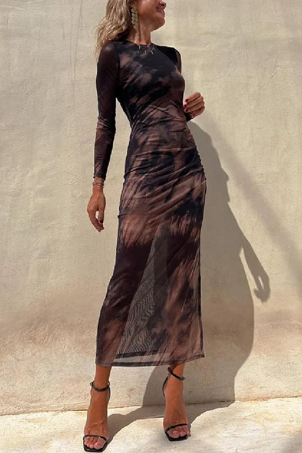 Charm Lady Mesh Overlay Tie Dye Print Langarm Rüsch Stretch Midi Kleid