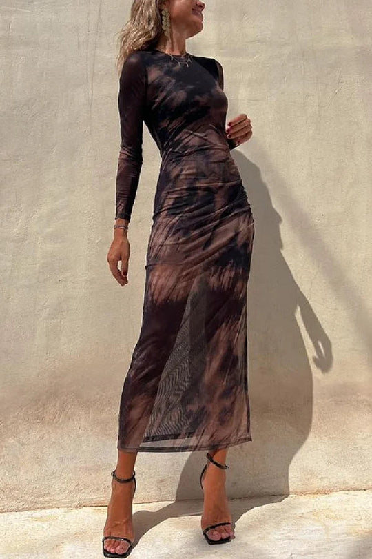 Charm Lady Mesh Overlay Tie Dye Print Langarm Rüsch Stretch Midi Kleid