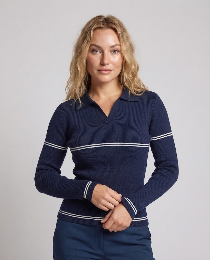 Damen Feinstrick-Polo mit Kontraststreifen und schmaler Rippstruktur Shop Nory