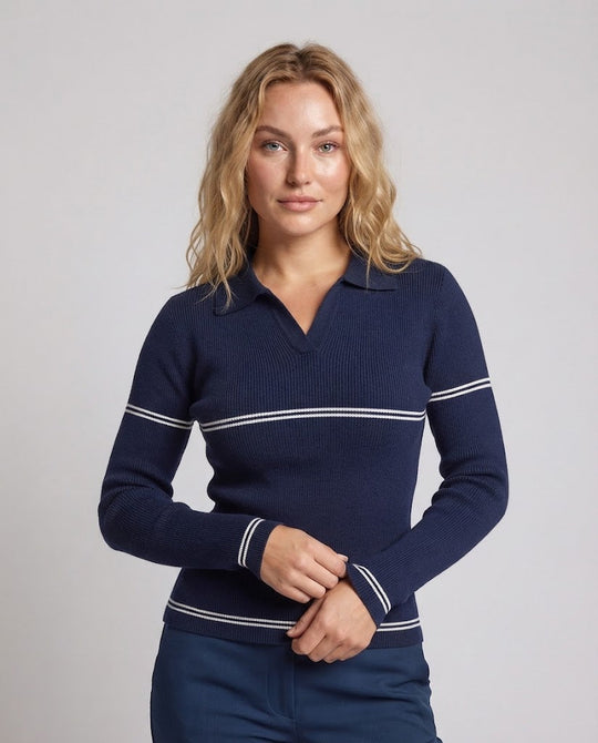 Damen Feinstrick-Polo mit Kontraststreifen und schmaler Rippstruktur Shop Nory