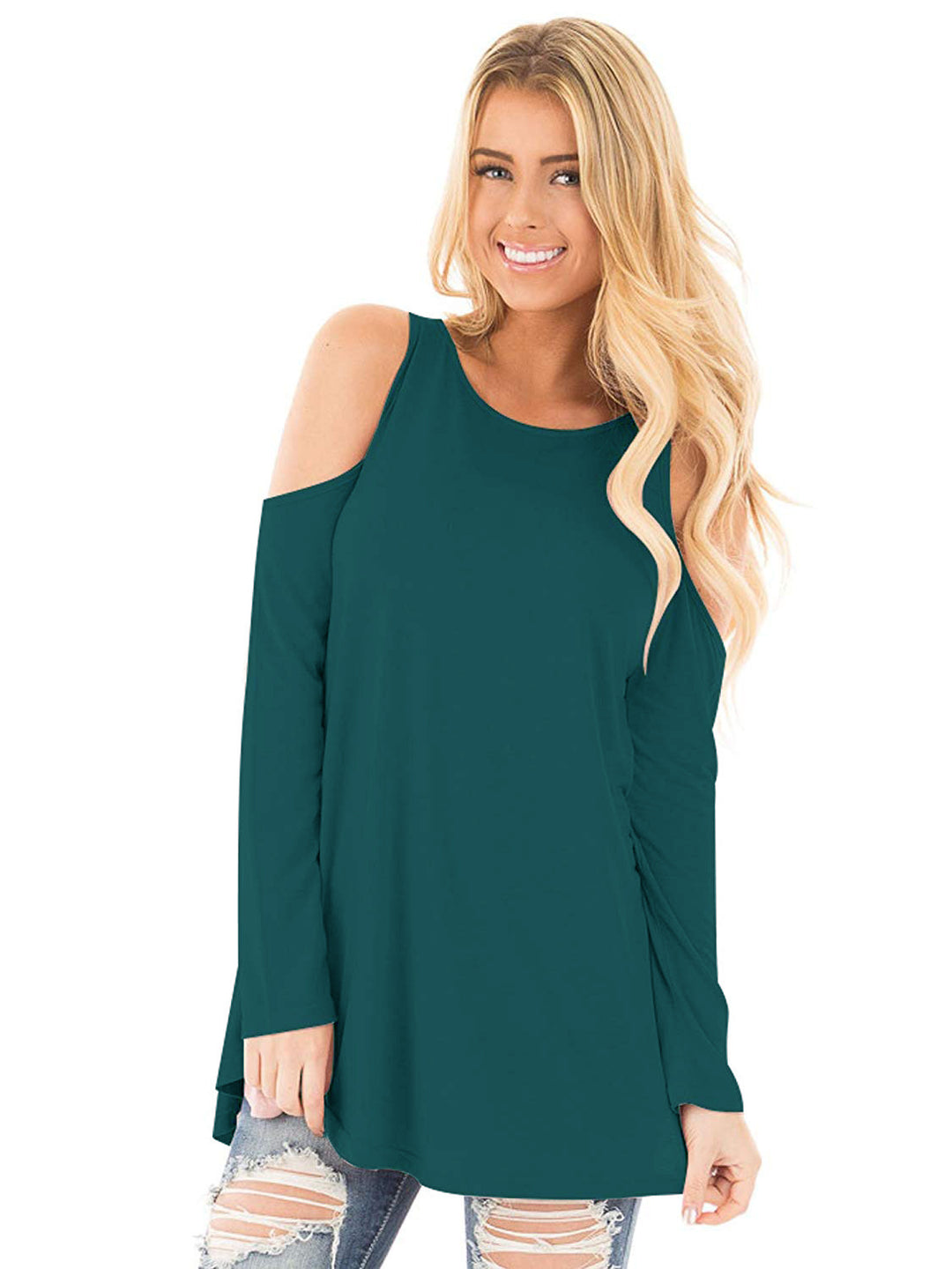 Damen Langarm-Tunika mit Cut-Out-Schultern und weiter Passform Shop Nory
