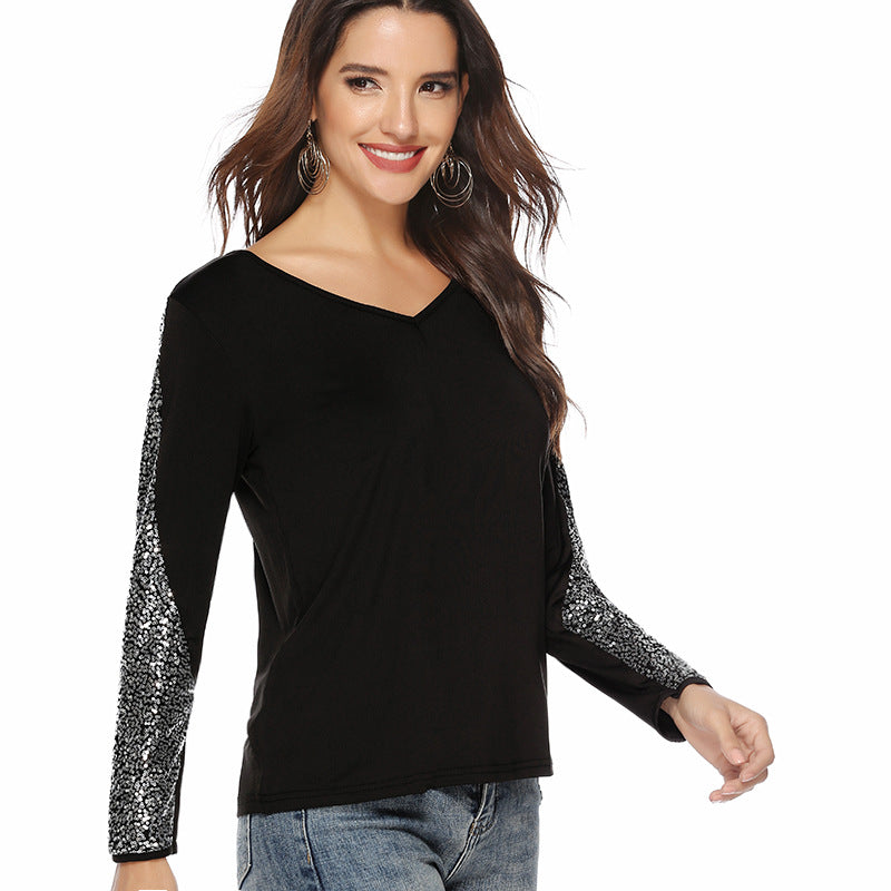 Damen V-Ausschnitt Langarmshirt mit Pailletten-Ärmeln Shop Nory