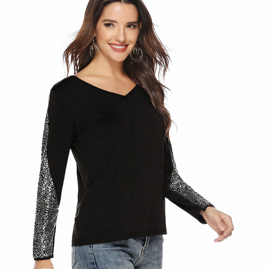 Damen V-Ausschnitt Langarmshirt mit Pailletten-Ärmeln Shop Nory