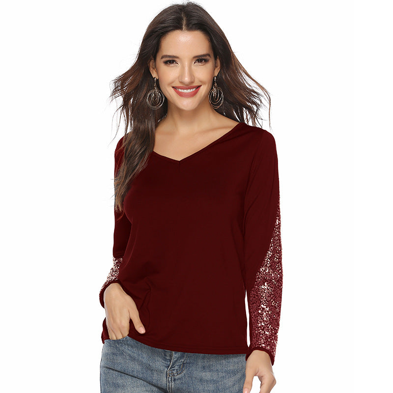 Damen V-Ausschnitt Langarmshirt mit Pailletten-Ärmeln Shop Nory