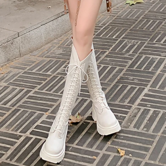 Hohe Stiefel Damenstiefel mit Schnürung und Robuster Ferse