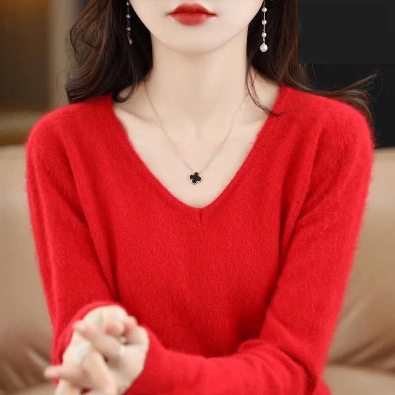 Pullover Damen V-ausschnitt Leichter und Weicher Strickpullover
