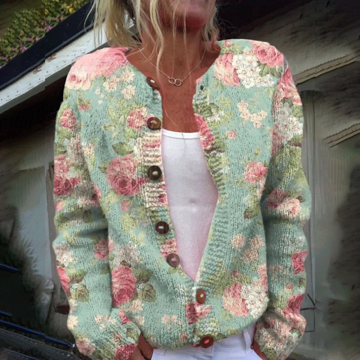 Stylische Strickjacke Ohne Kragen Mit Langen Ärmeln Und Blumendruck