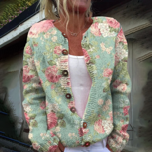 Stylische Strickjacke Ohne Kragen Mit Langen Ärmeln Und Blumendruck