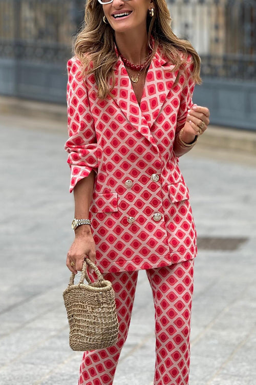 Rosiedress Geometrischer Druck Revers Doppelt Knopf Blazer und Flare-Hosen Set