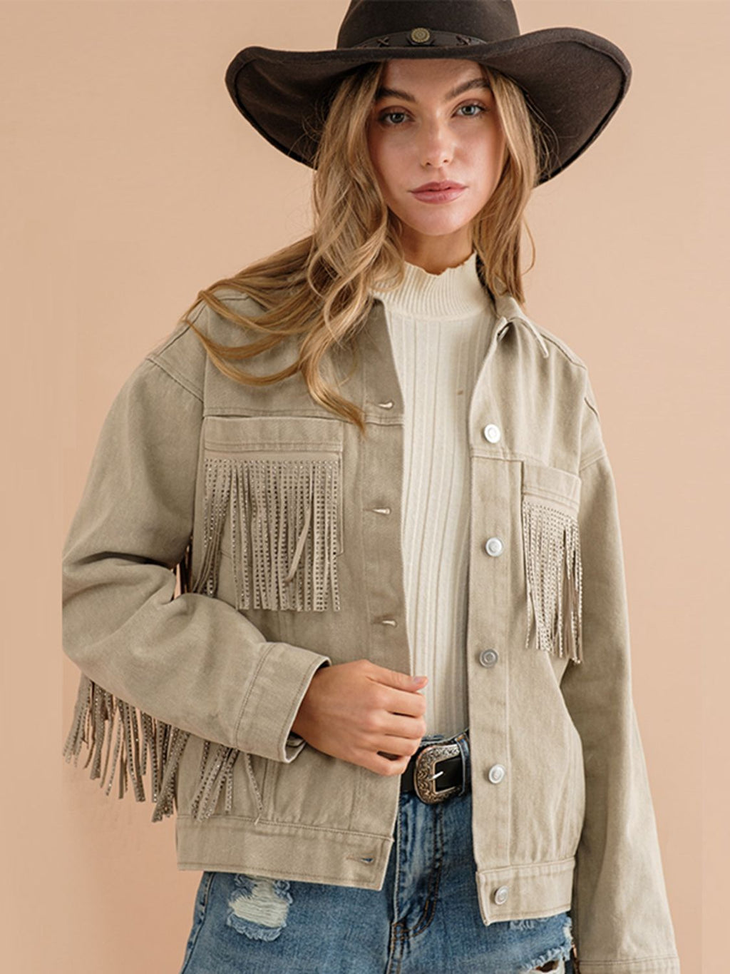 Fransen-Detail Gefallene Schulter Denimjacke