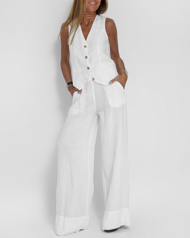 Elegantes 2-Teiliges Set Leinen Weite Hose & Weste