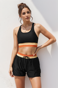 Schwarzes Colorblock Reißverschluss Rücken Sport Bikini-Oberteil mit Boyshort-Set