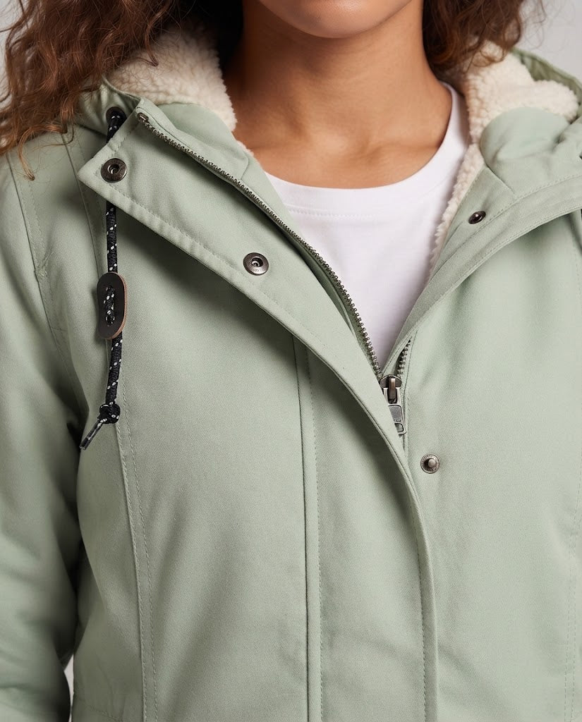 Damen Gefütterte Kapuzenparka mit Teddyfutter, Kordelzug und Pattentaschen Shop Nory